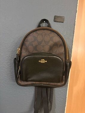 Coach Mini Court Brown Signature Canvas and Black Leather Mini Backpack